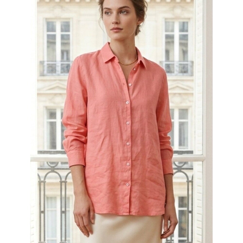 J Jill Love Linen Women’s Collared Button-Up Blouse - Coral Pink Size L